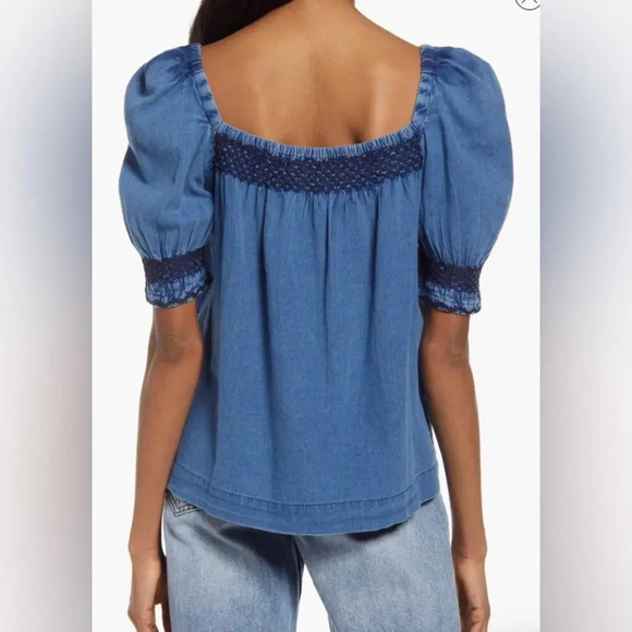 NWT Faherty Presley Embroidered Detail Cotton Chambray Top Blue Size Small - Picture 2 of 9